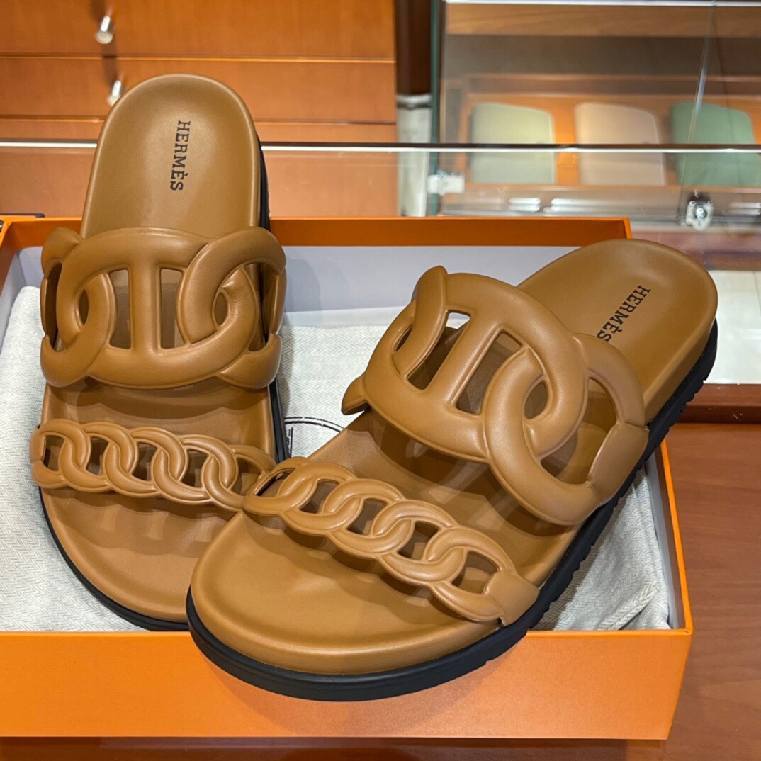HERMES 爱马仕 猪鼻子拖鞋 34-41码 原厂同步 进口真皮大底 全手工制作 CK37金棕色