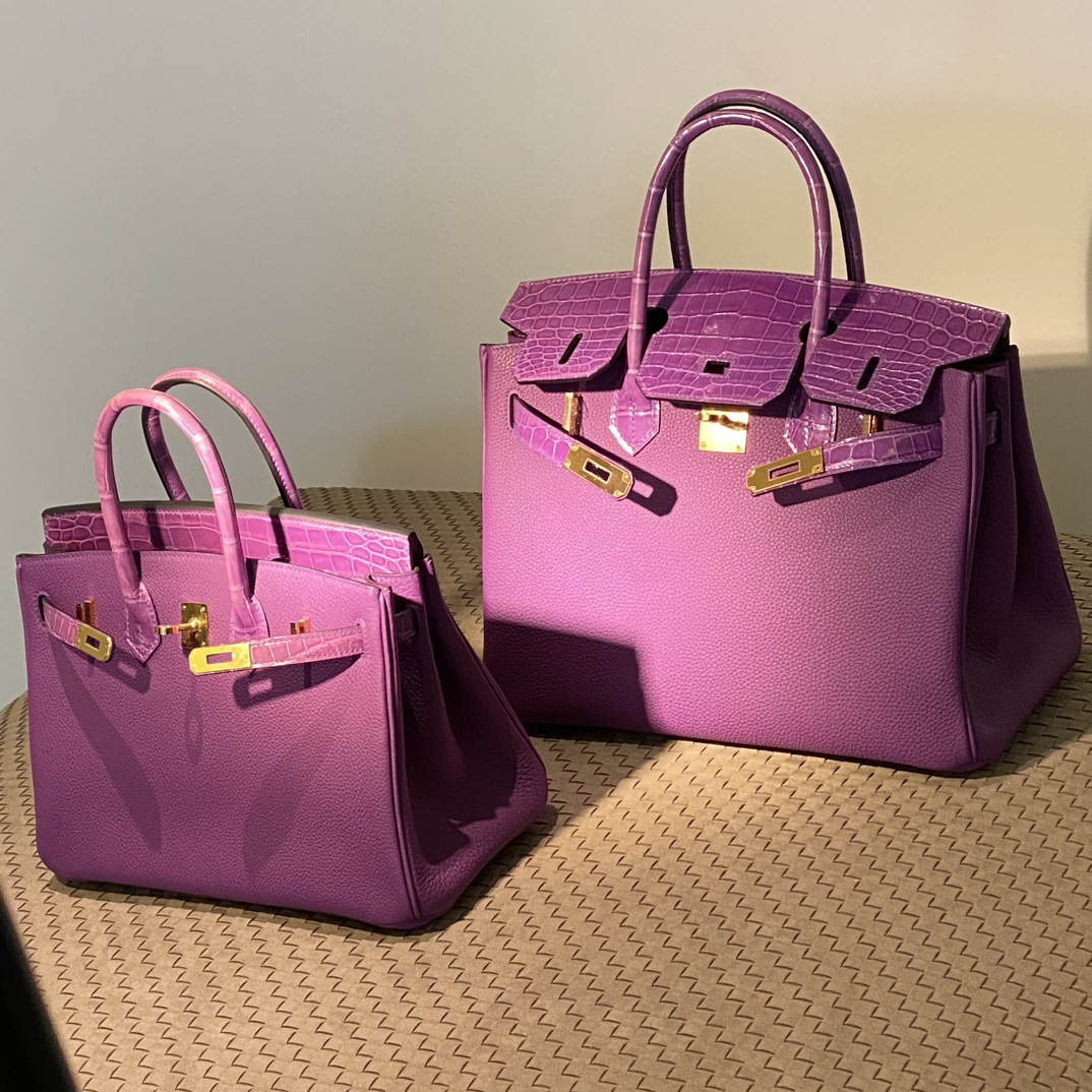 HERMES 爱马仕 Birkin 25cm/30cm 5J Fushsia悬铃花紫/桃红色 鳄鱼皮拼TOGO皮 进口蜜蜡线 全手工制作