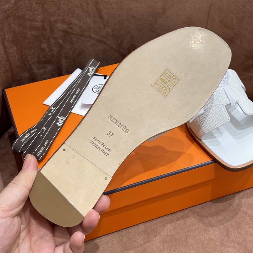 HERMES 爱马仕 H拖鞋 34-41码 原厂同步 进口真皮大底 全手工制作 01 Blanc 纯白色