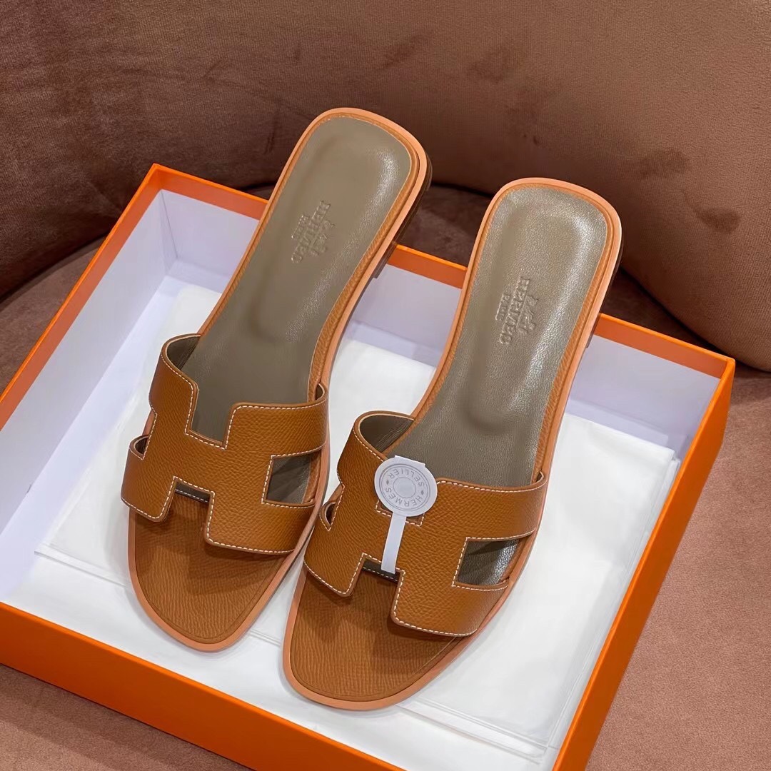 HERMES 爱马仕 H拖鞋 34-41码 原厂同步 进口真皮大底 全手工制作 CK37 金棕色