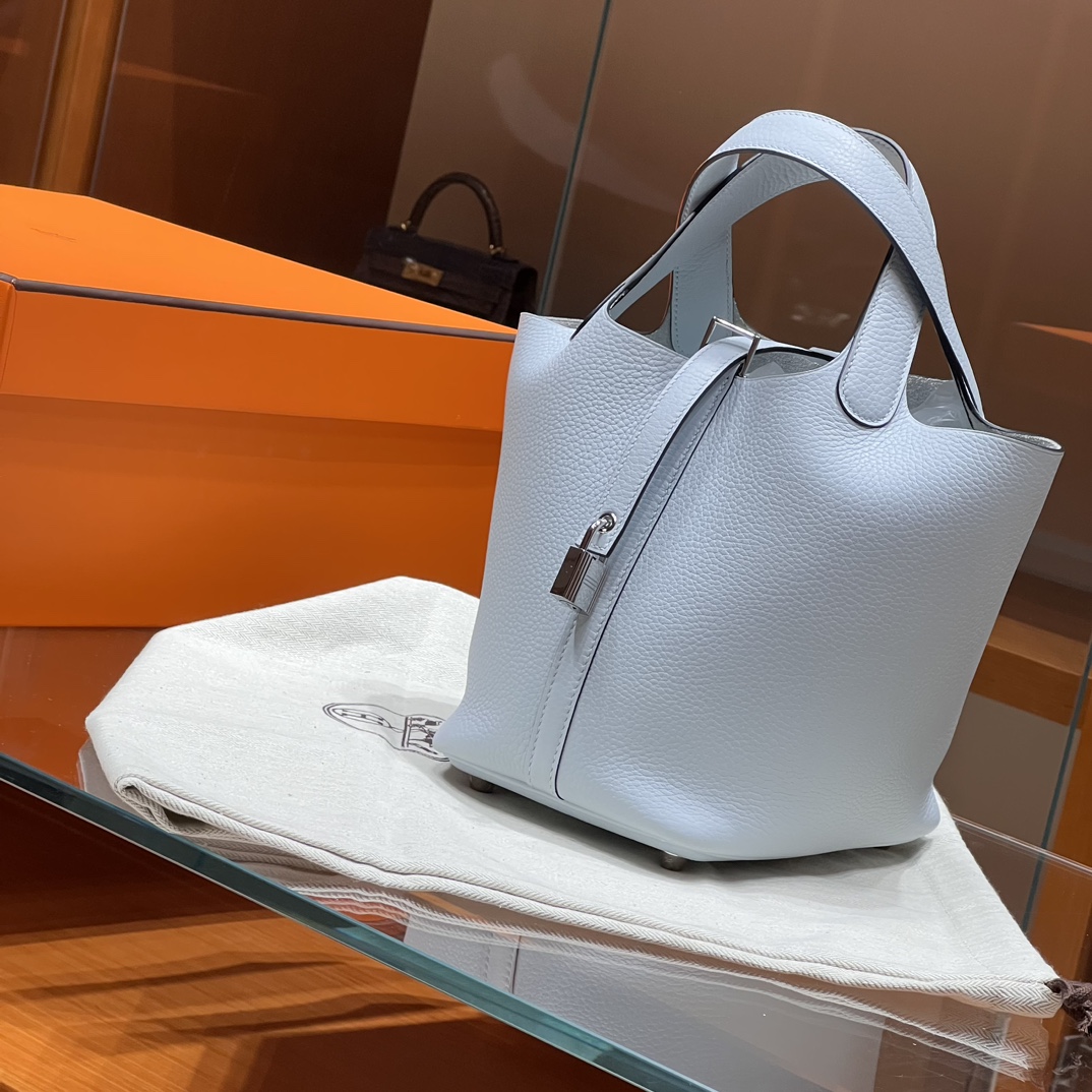 HERMES 爱马仕官网推荐 菜篮子 Picotin 纯手工 0T 圣杯蓝 TC皮 进口蜜蜡线 全手工制作