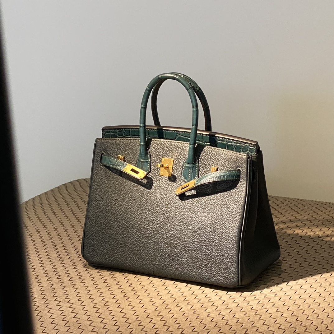 HERMES 爱马仕 Birkin 25cm/30cm 67 Vert Fonce深绿色 鳄鱼皮拼TOGO皮 进口蜜蜡线 全手工制作
