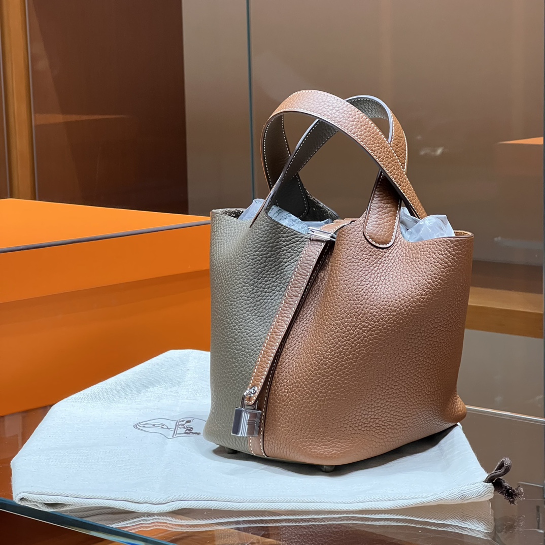 HERMES 爱马仕官网推荐 菜篮子 Picotin 纯手工 8C Gri Elephant 大象灰 CK37 金棕色 TC皮 进口蜜蜡线 全手工制作