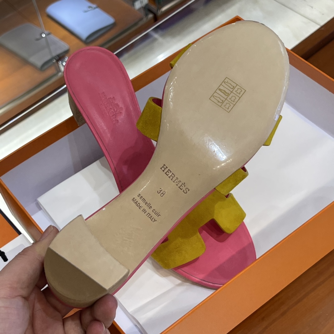 HERMES 爱马仕 H拖鞋 34-41码 原厂同步 进口真皮大底 全手工制作 9D 琥珀黄拼斋普尔粉T5 Rose Jeipur
