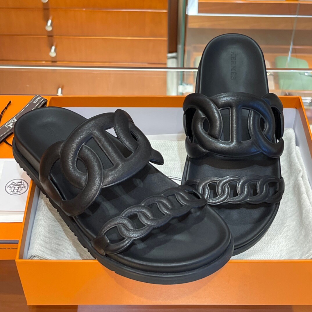 HERMES 爱马仕 猪鼻子拖鞋 34-41码 原厂同步 进口真皮大底 全手工制作 89 Nior经典黑