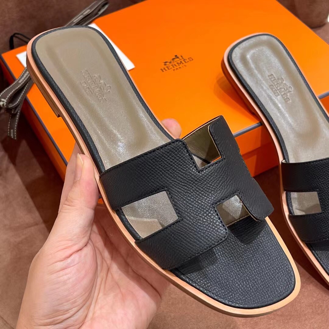 HERMES 爱马仕 H拖鞋 34-41码 原厂同步 进口真皮大底 全手工制作 89 Nior 经典黑