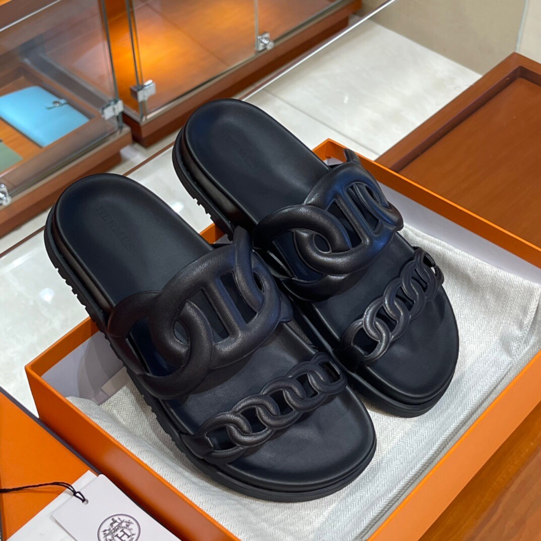 HERMES 爱马仕 猪鼻子拖鞋 34-41码 原厂同步 进口真皮大底 全手工制作 89 Nior经典黑