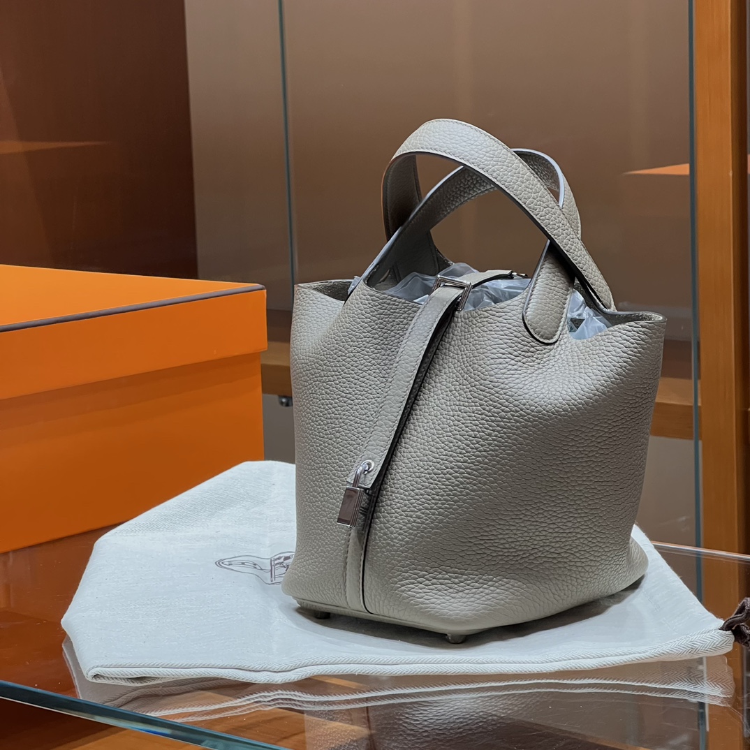 HERMES 爱马仕官网推荐 菜篮子 Picotin 纯手工 M8 Gris Asphalte 沥青灰 TC皮 进口蜜蜡线 全手工制作