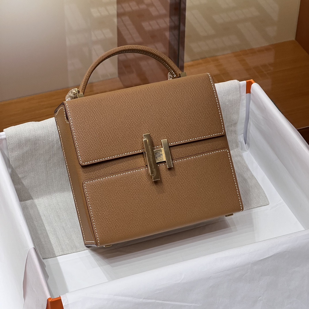 HERMES 爱马仕 Cinhetic 走秀款盒子包 CK37 金棕色 Epsom 进口蜜蜡线 全手工制作