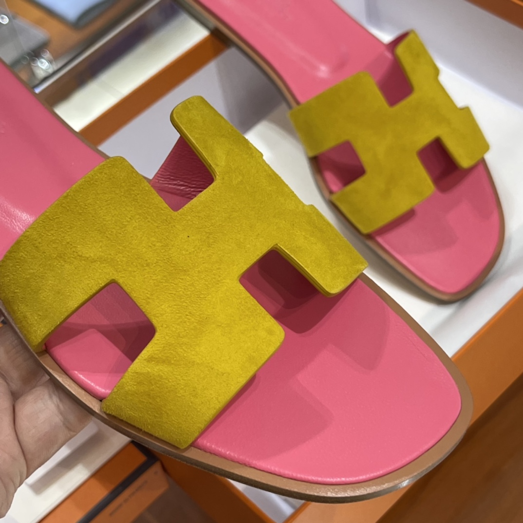 HERMES 爱马仕 H拖鞋 34-41码 原厂同步 进口真皮大底 全手工制作 9D 琥珀黄拼斋普尔粉T5 Rose Jeipur