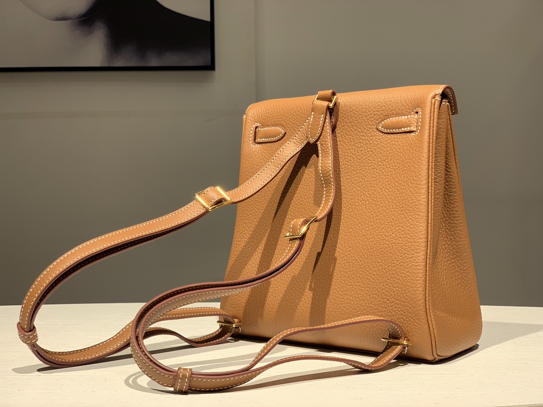 HERMES 爱马仕官网推荐 Kelly ado 双肩背包 21cm CK37 金棕色 Togo皮 进口蜜蜡线 全手工制作