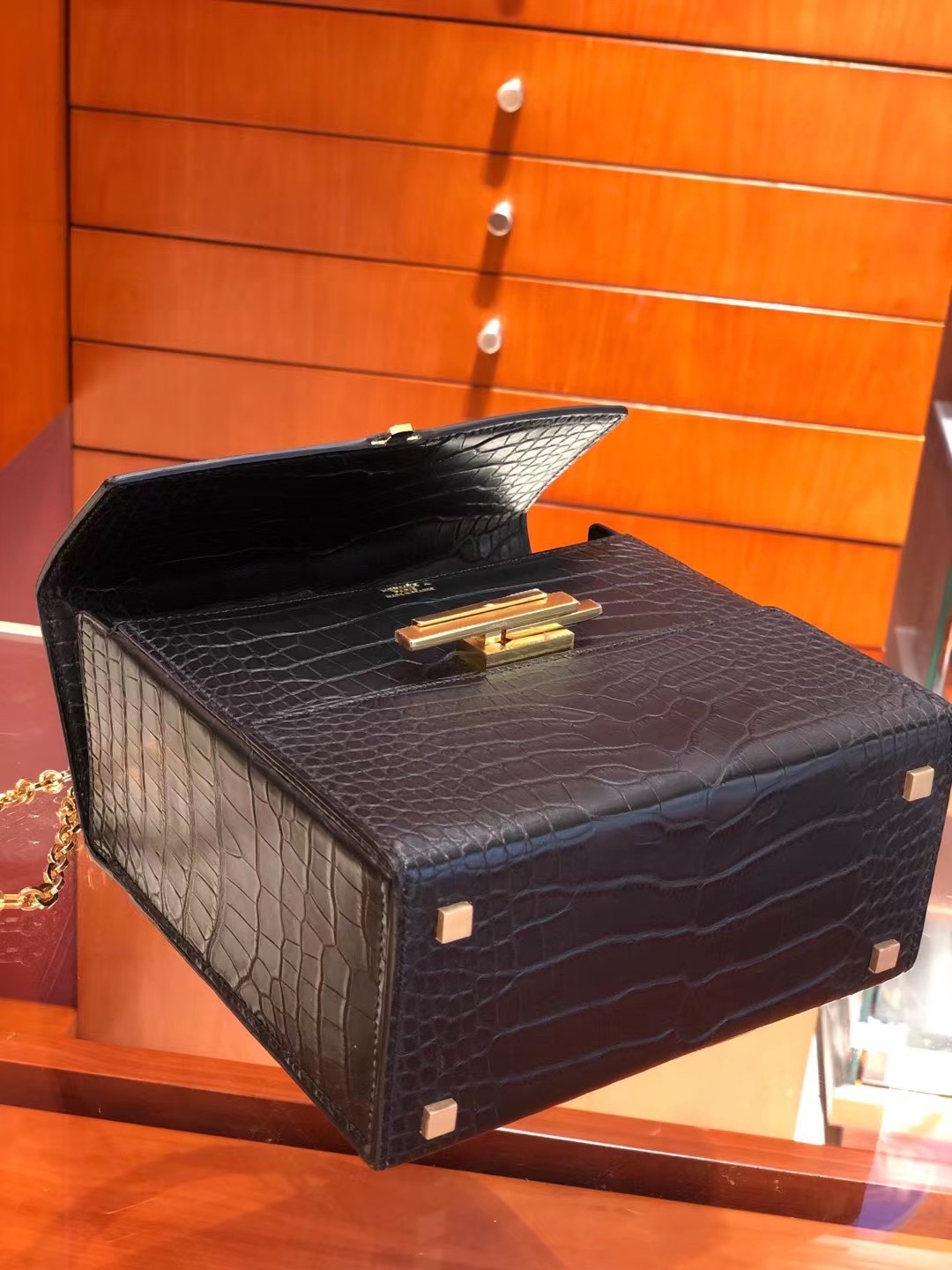 HERMES 爱马仕 Cinhetic 走秀款盒子包 89 Nior 经典黑 鳄鱼皮 进口蜜蜡线 全手工制作