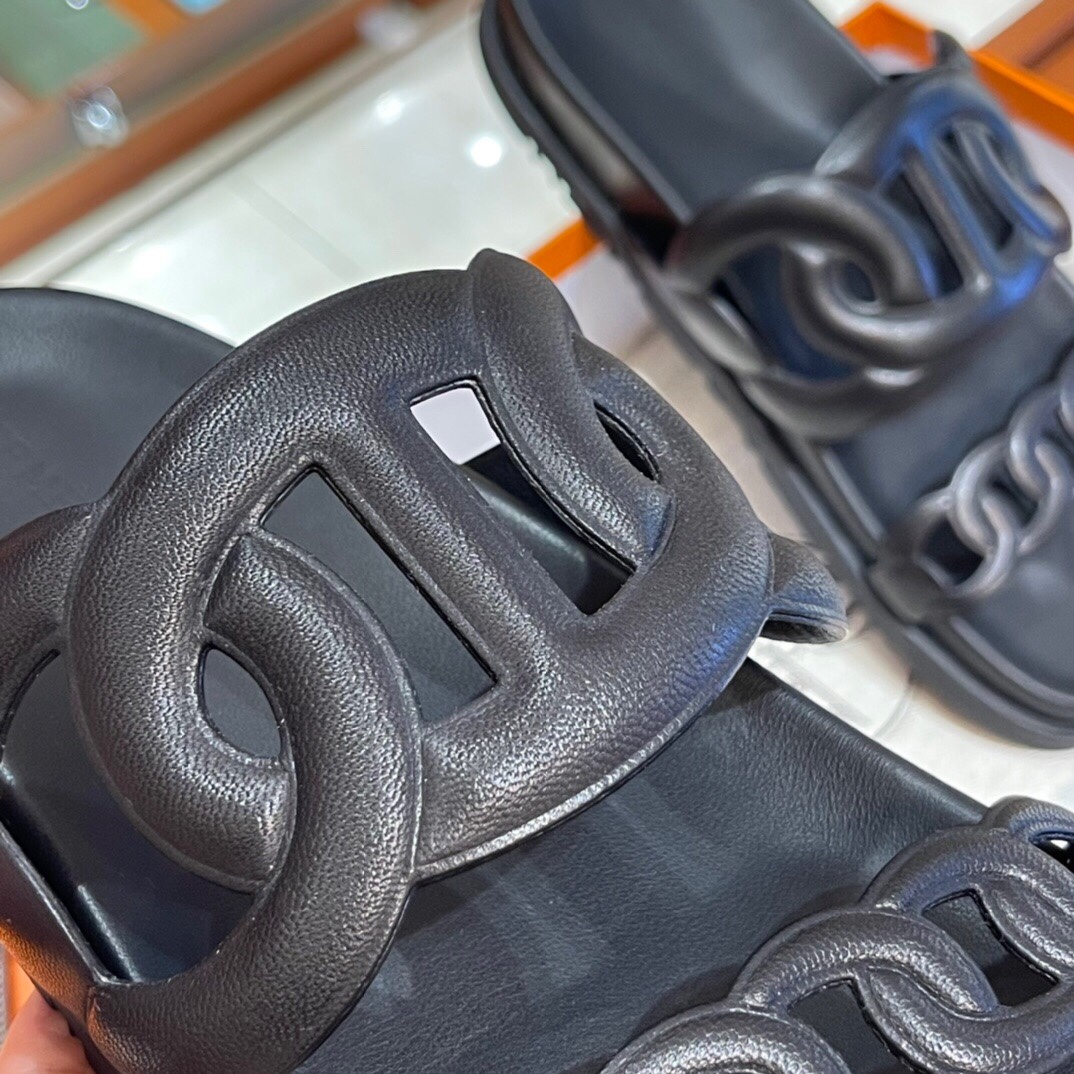 HERMES 爱马仕 猪鼻子拖鞋 34-41码 原厂同步 进口真皮大底 全手工制作 89 Nior经典黑
