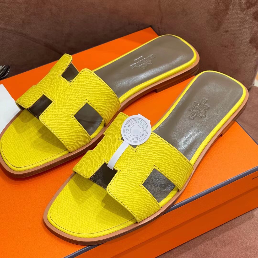 HERMES 爱马仕 H拖鞋 34-41码 原厂同步 进口真皮大底 全手工制作 9N Citron 柠檬黄