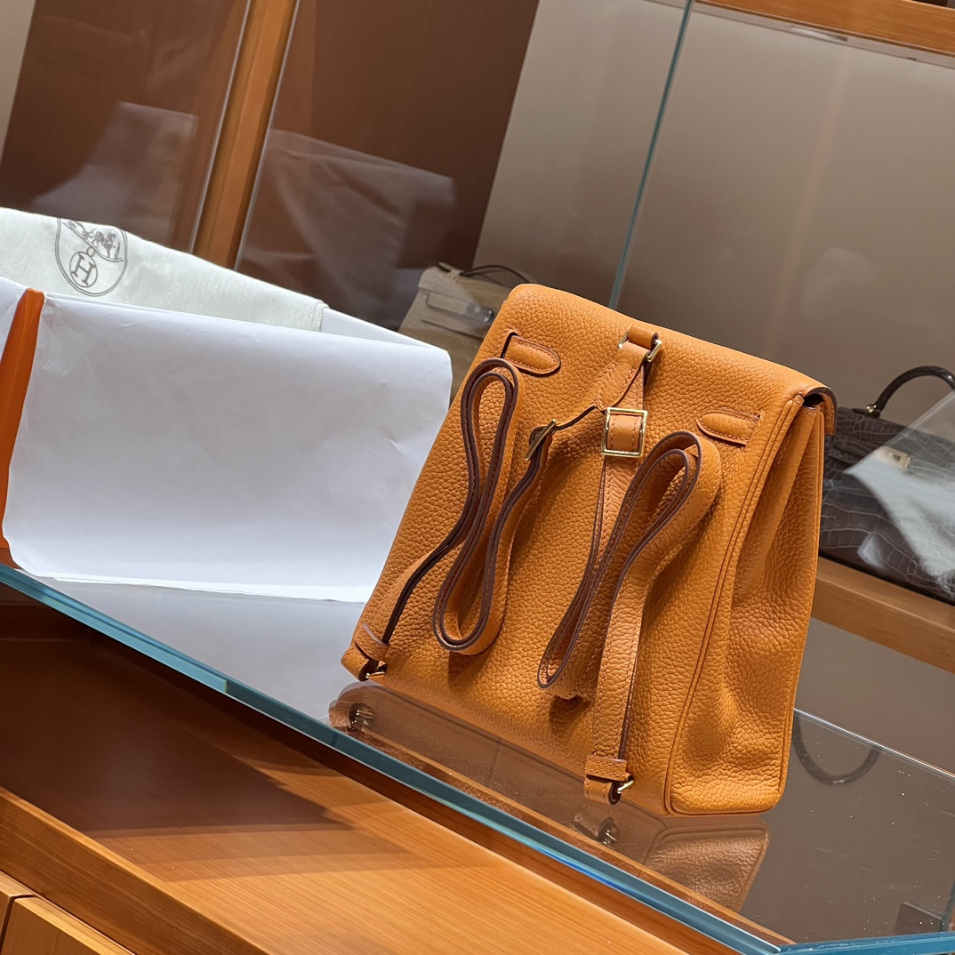 HERMES 爱马仕官网推荐 Kelly ado 双肩背包 21cm 9J Feu 火焰橙 Togo皮 进口蜜蜡线 全手工制作