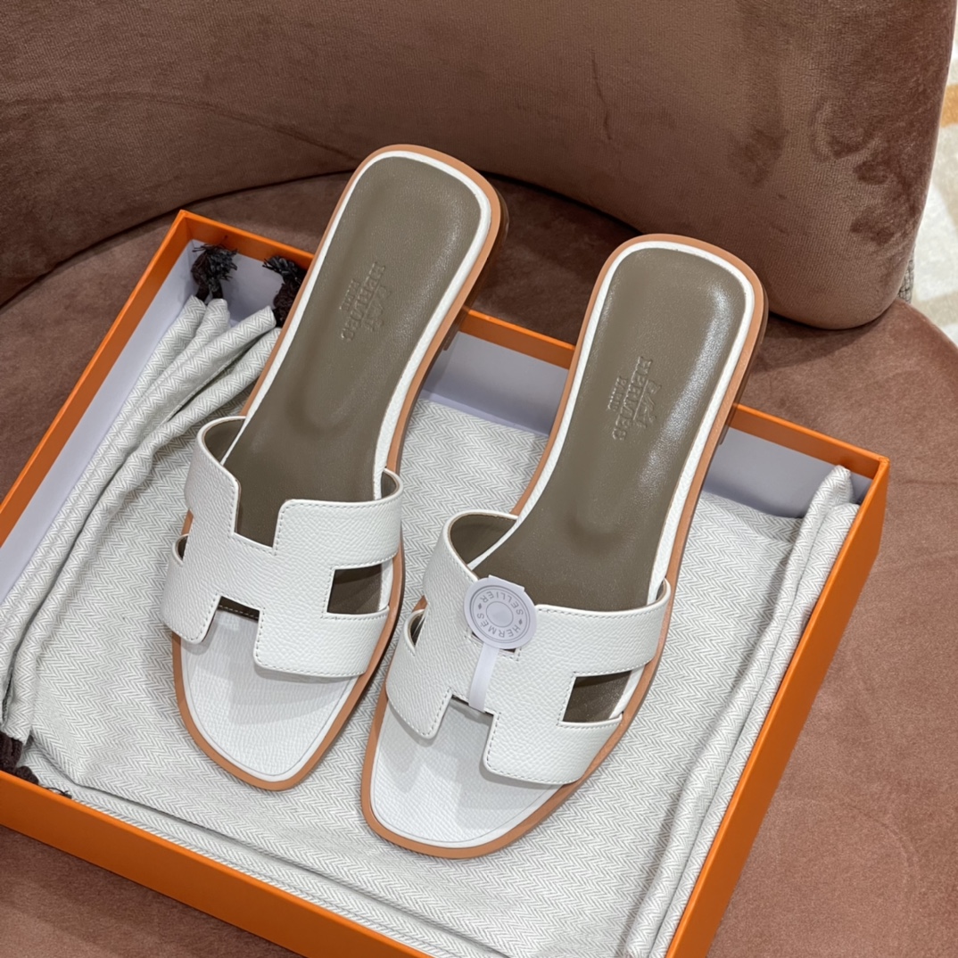 HERMES 爱马仕 H拖鞋 34-41码 原厂同步 进口真皮大底 全手工制作 01 Blanc 白色