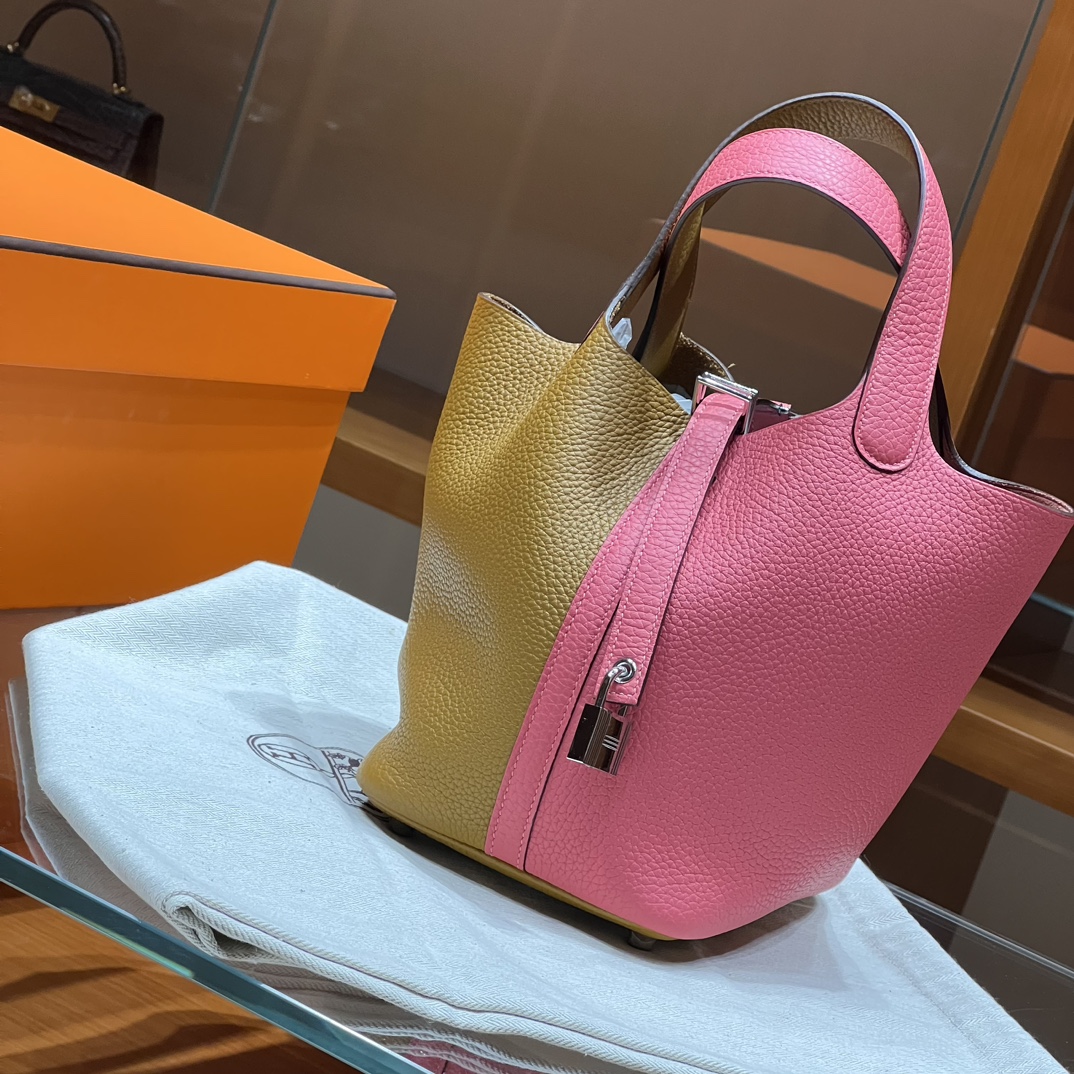 HERMES 爱马仕官网推荐 菜篮子 Picotin 纯手工 CK37 金棕色 U5 Rose eLipstick唇膏粉 TC皮 进口蜜蜡线 全手工制作