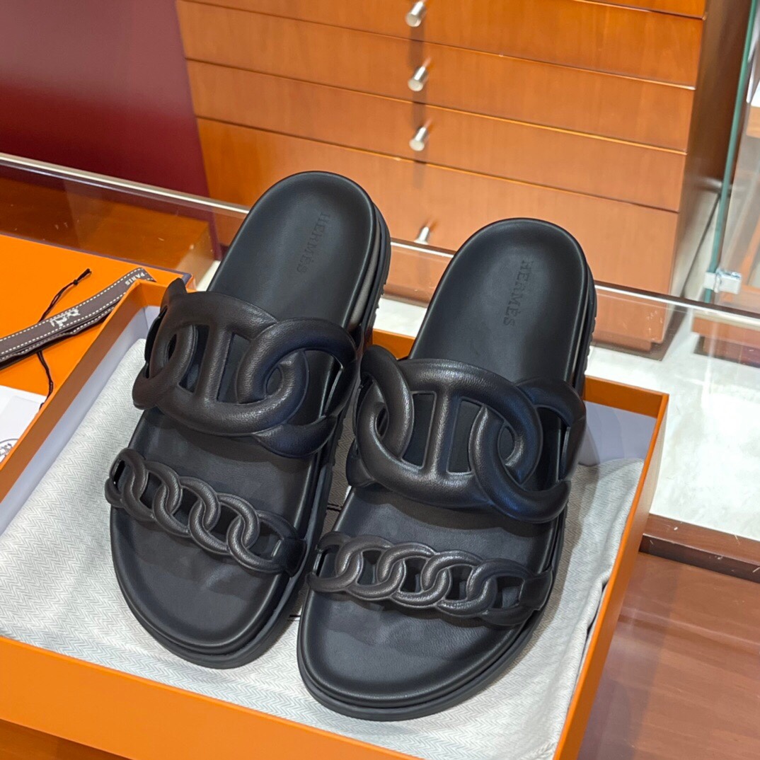 HERMES 爱马仕 猪鼻子拖鞋 34-41码 原厂同步 进口真皮大底 全手工制作 89 Nior经典黑