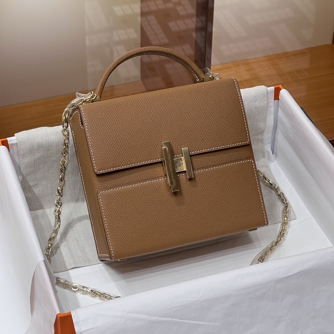 HERMES 爱马仕 Cinhetic 走秀款盒子包 CK37 金棕色 Epsom 进口蜜蜡线 全手工制作
