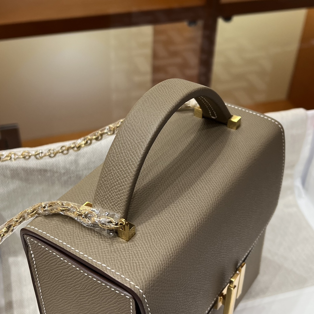 HERMES 爱马仕 Cinhetic 走秀款盒子包 8C Gri Elephant 大象灰 Epsom 进口蜜蜡线 全手工制作
