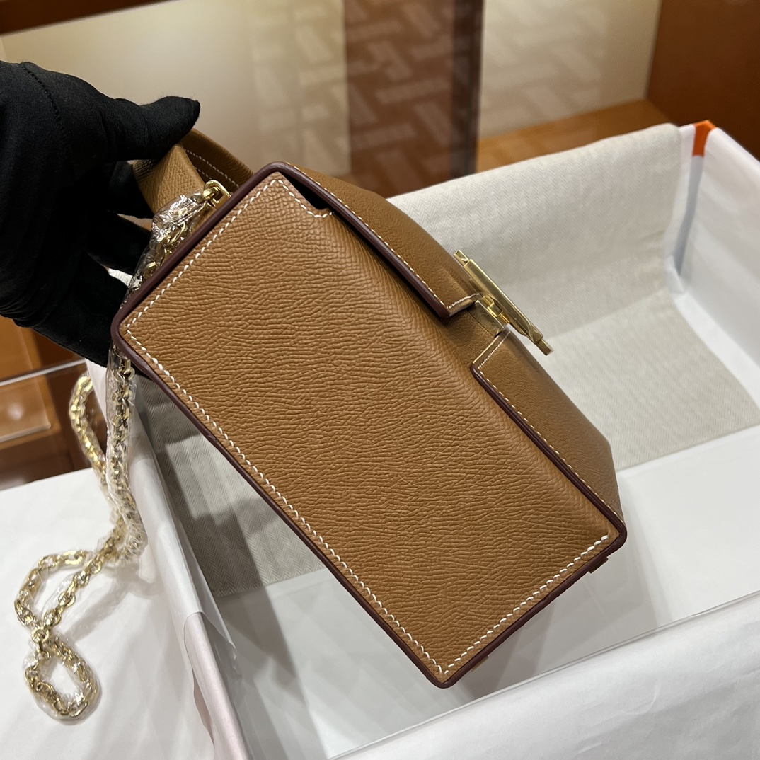 HERMES 爱马仕 Cinhetic 走秀款盒子包 CK37 金棕色 Epsom 进口蜜蜡线 全手工制作
