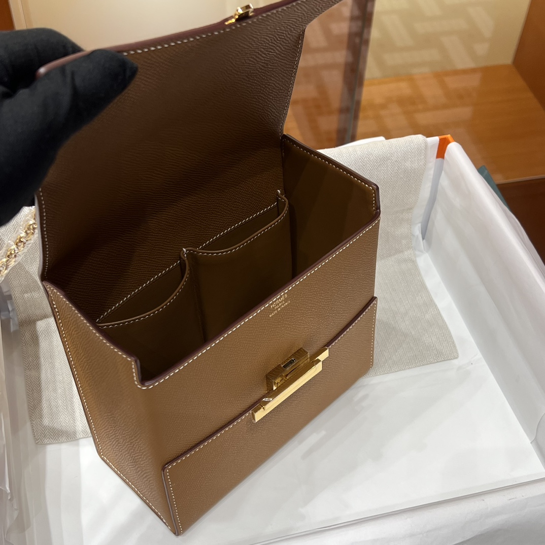 HERMES 爱马仕 Cinhetic 走秀款盒子包 CK37 金棕色 Epsom 进口蜜蜡线 全手工制作