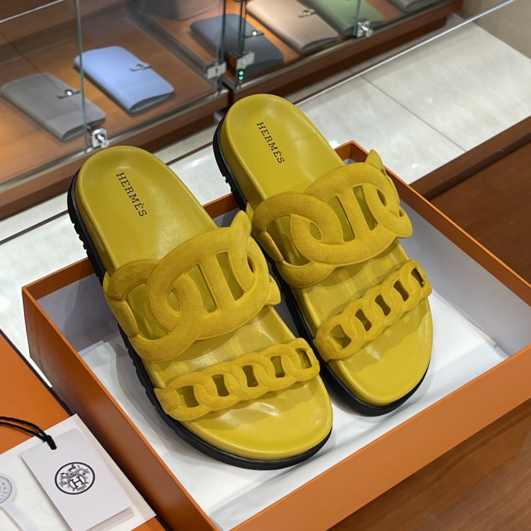 HERMES 爱马仕 猪鼻子拖鞋 34-41码 原厂同步 进口真皮大底 全手工制作 9D 琥珀黄