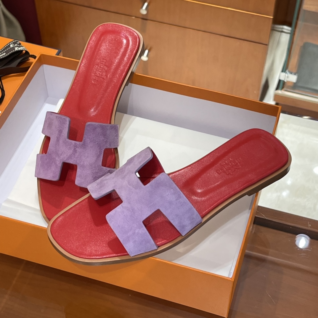 HERMES 爱马仕 H拖鞋 34-41码 原厂同步 进口真皮大底 全手工制作 S5 Rouge Tomate 法拉利红拼96 violet紫罗兰