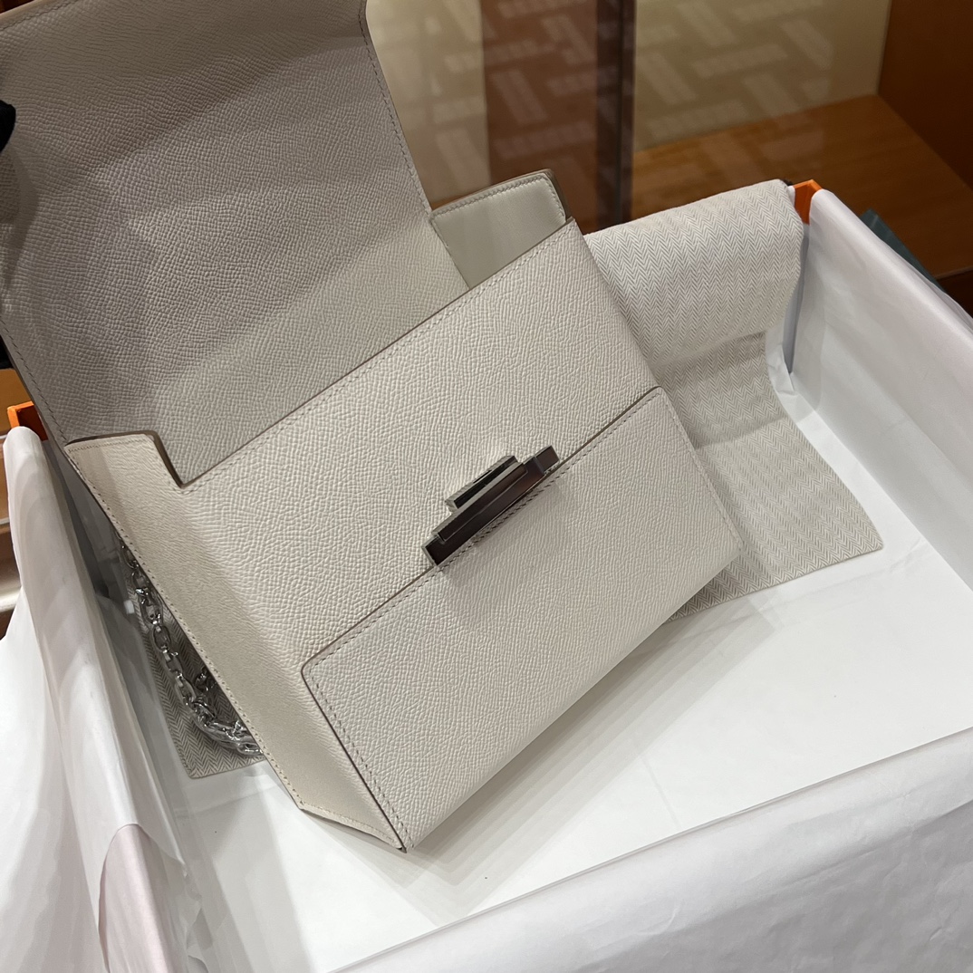 HERMES 爱马仕 Cinhetic 走秀款盒子包 10 Craie 奶昔白 Epsom 进口蜜蜡线 全手工制作