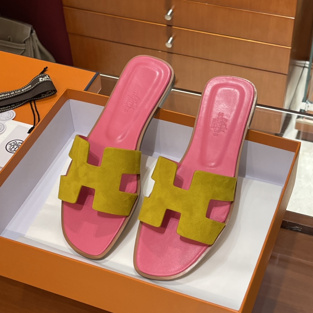 HERMES 爱马仕 H拖鞋 34-41码 原厂同步 进口真皮大底 全手工制作 9D 琥珀黄拼斋普尔粉T5 Rose Jeipur