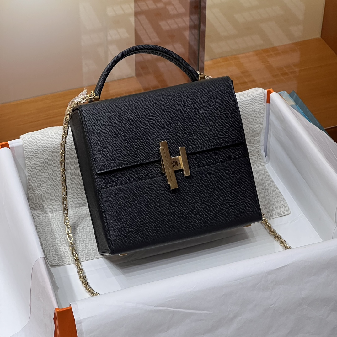 HERMES 爱马仕 Cinhetic 走秀款盒子包 89 Nior 经典黑 Epsom 进口蜜蜡线 全手工制作