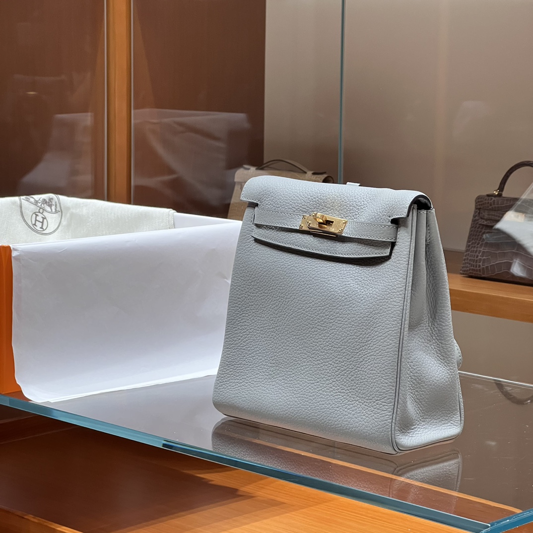 HERMES 爱马仕官网推荐 Kelly ado 双肩背包 21cm S2 Trench风衣灰 Togo皮 进口蜜蜡线 全手工制作