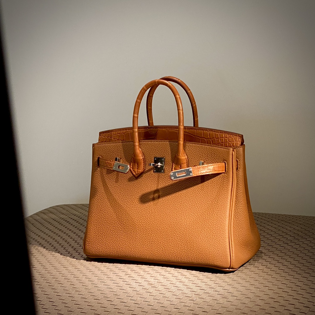HERMES 爱马仕 Birkin 25cm/30cm CK37 金棕色 鳄鱼皮拼TOGO皮 进口蜜蜡线 全手工制作