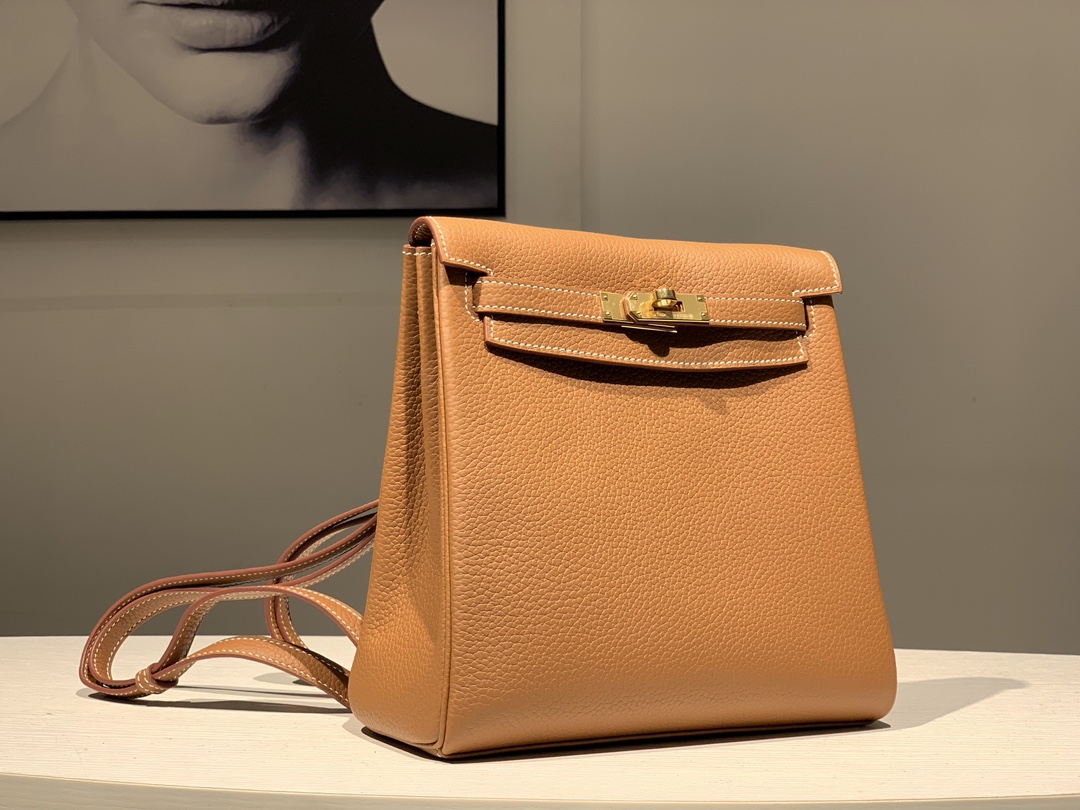 HERMES 爱马仕官网推荐 Kelly ado 双肩背包 21cm CK37 金棕色 Togo皮 进口蜜蜡线 全手工制作