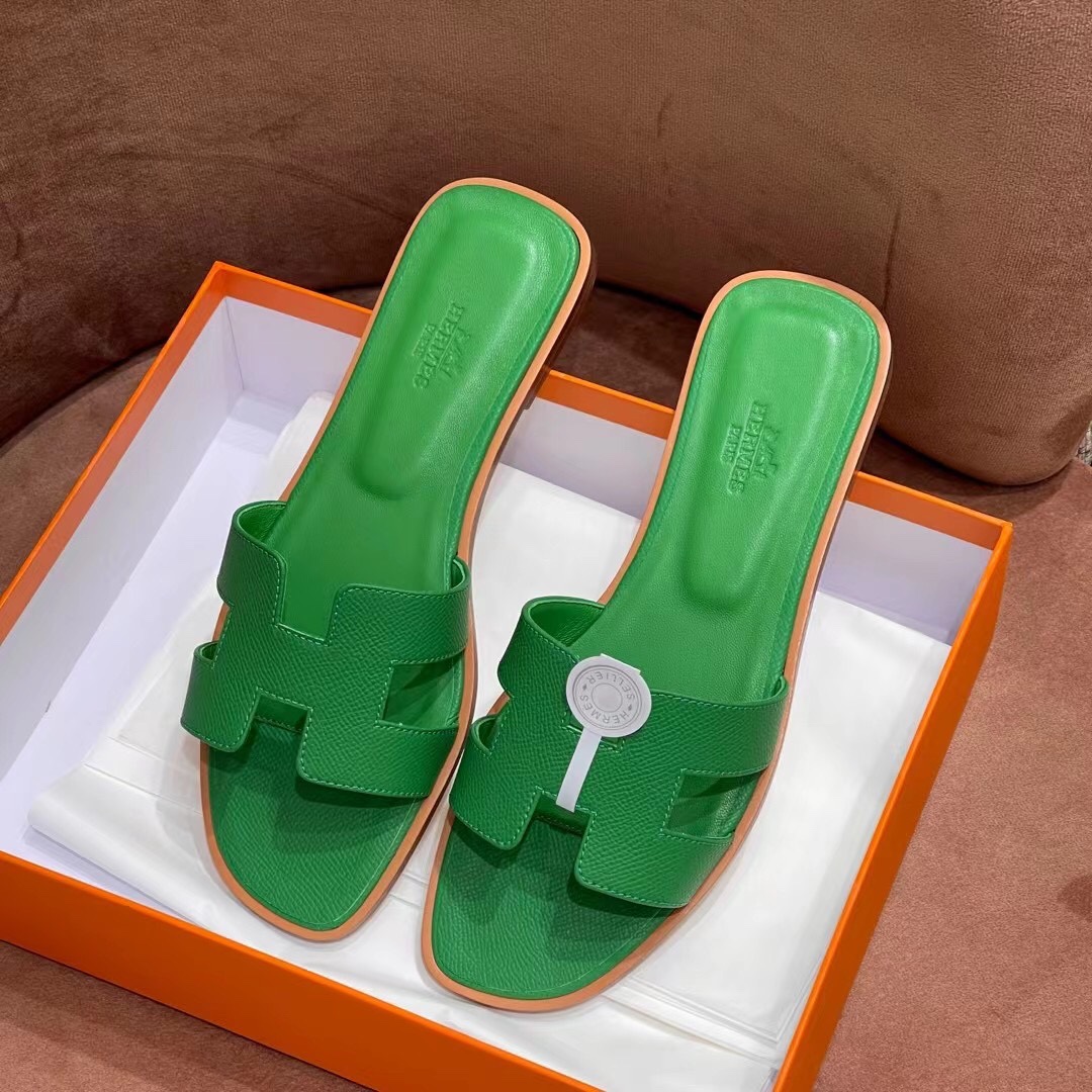 HERMES 爱马仕 H拖鞋 34-41码 原厂同步 进口真皮大底 全手工制作 1K Bambou竹子绿