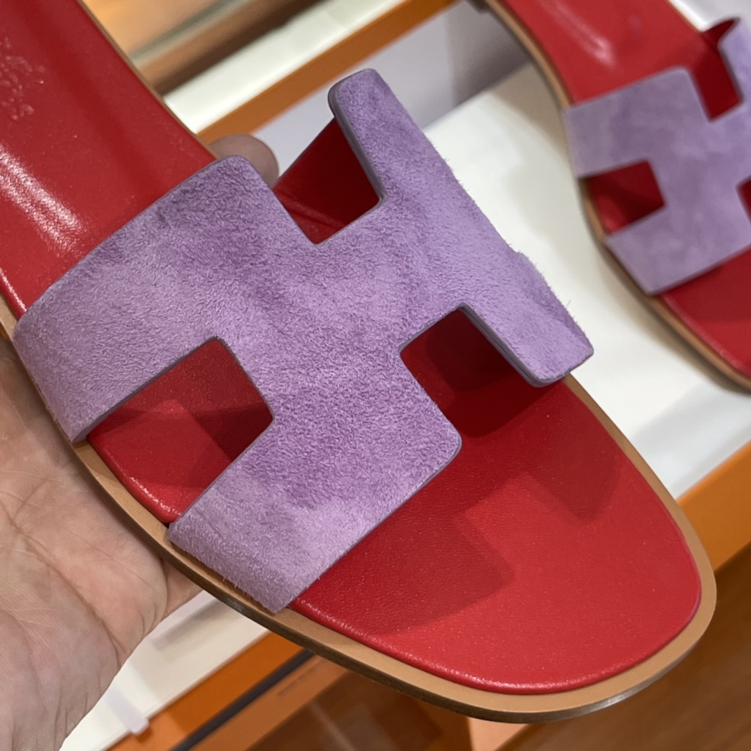 HERMES 爱马仕 H拖鞋 34-41码 原厂同步 进口真皮大底 全手工制作 S5 Rouge Tomate 法拉利红拼96 violet紫罗兰