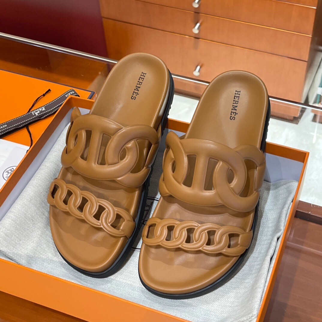 HERMES 爱马仕 猪鼻子拖鞋 34-41码 原厂同步 进口真皮大底 全手工制作 CK37金棕色