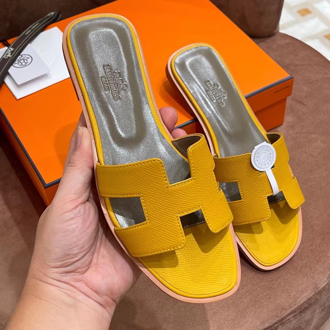 HERMES 爱马仕 H拖鞋 34-41码 原厂同步 进口真皮大底 全手工制作 9D 琥珀黄