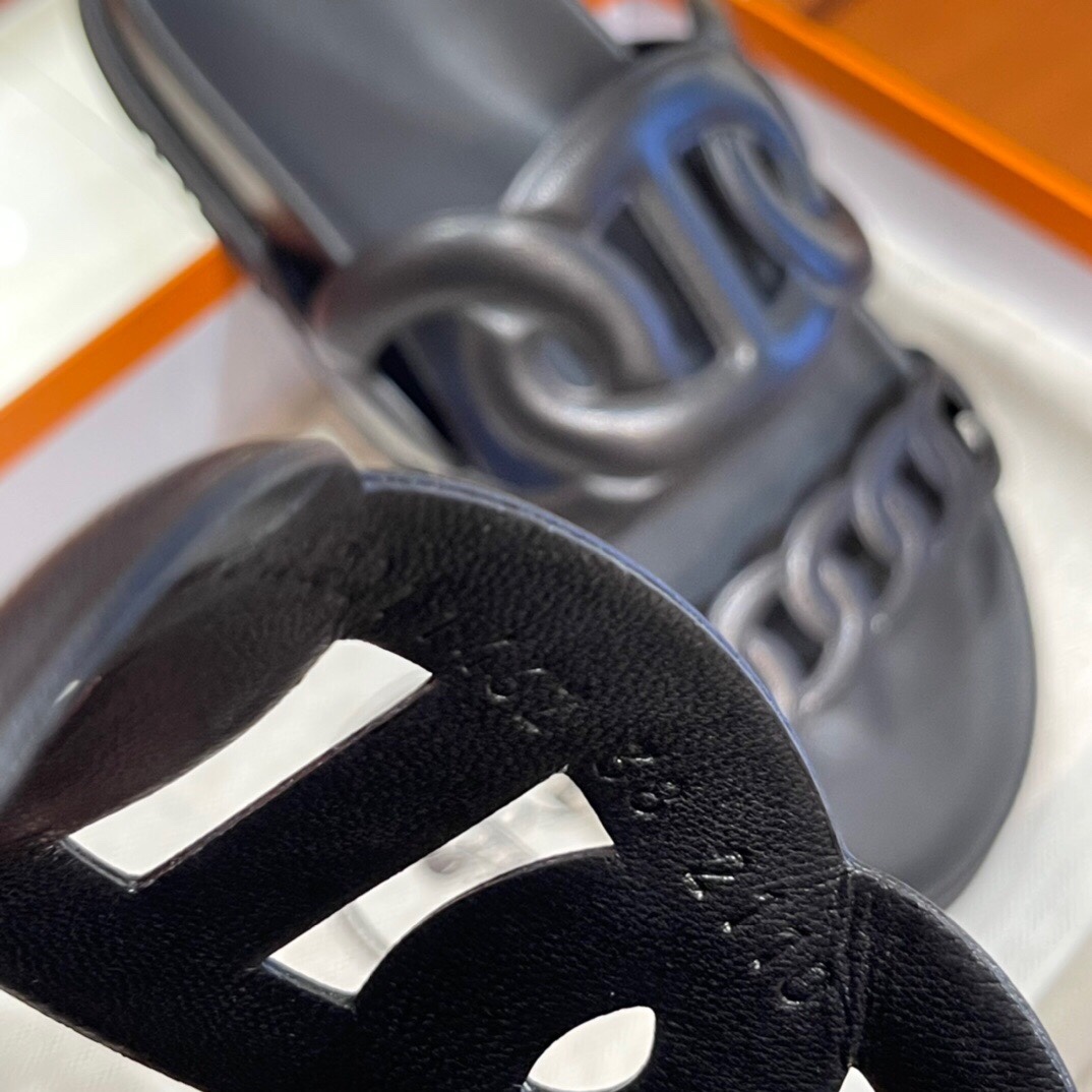 HERMES 爱马仕 猪鼻子拖鞋 34-41码 原厂同步 进口真皮大底 全手工制作 89 Nior经典黑