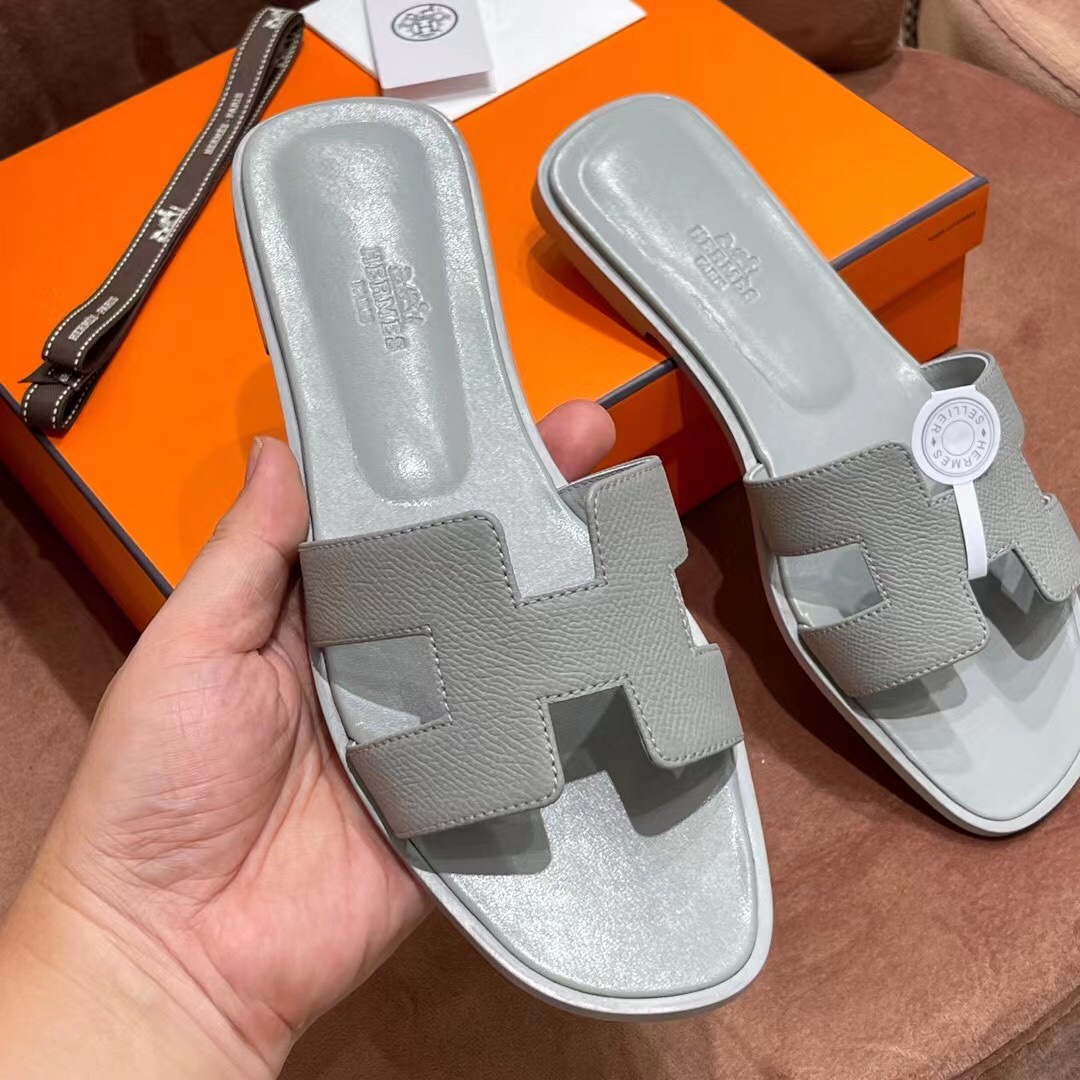 HERMES 爱马仕 H拖鞋 34-41码 原厂同步 进口真皮大底 全手工制作 0T 冰川灰