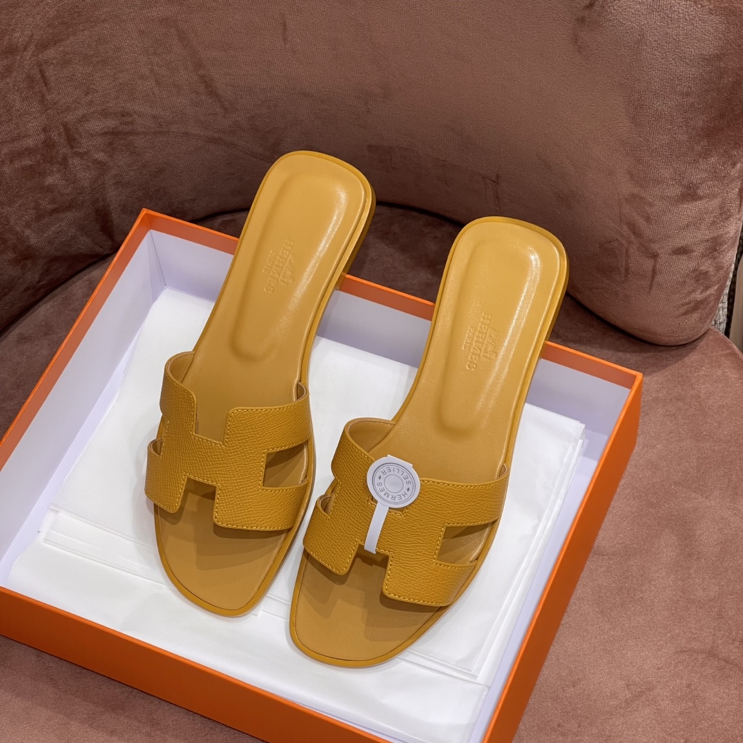 HERMES 爱马仕 H拖鞋 34-41码 原厂同步 进口真皮大底 全手工制作 9D 琥珀黄