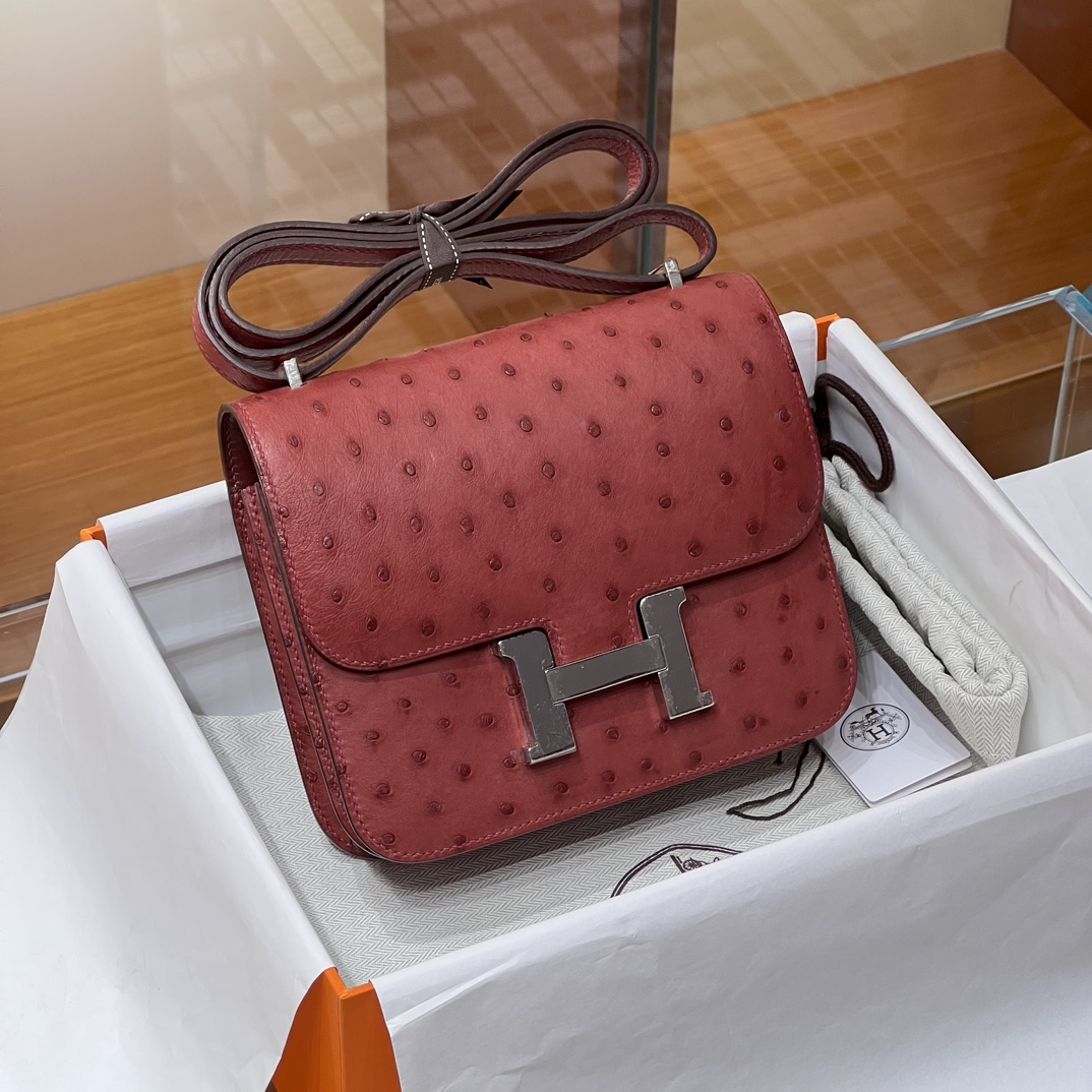 HERMES 爱马仕 【现货】Constance 19CM 57 Bordeaux波尔多红 Ostrich 鸵鸟皮 现货 进口蜜蜡线 全手工制作 铂金女王 Birkinmm