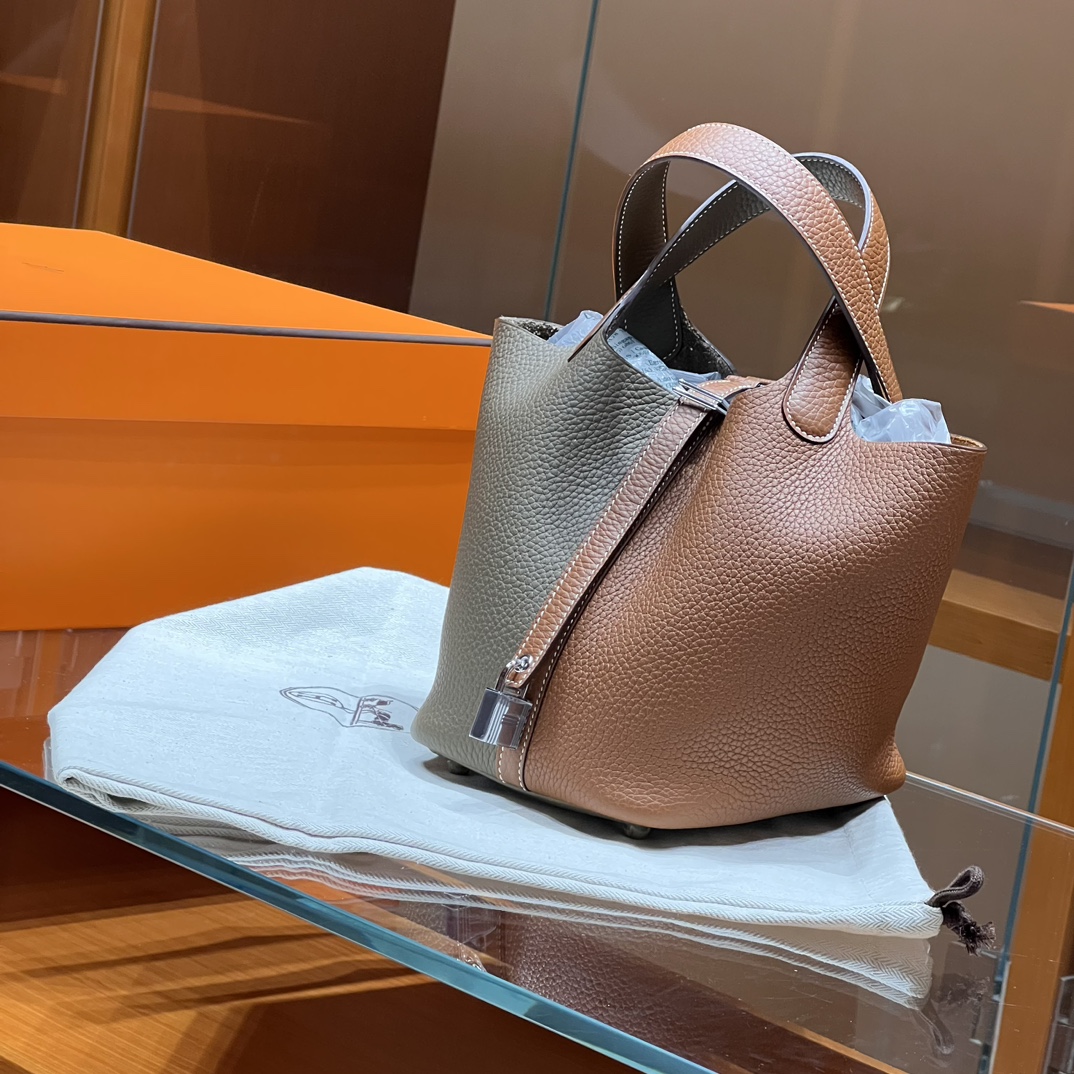 HERMES 爱马仕官网推荐 菜篮子 Picotin 纯手工 8C Gri Elephant 大象灰 CK37 金棕色 TC皮 进口蜜蜡线 全手工制作