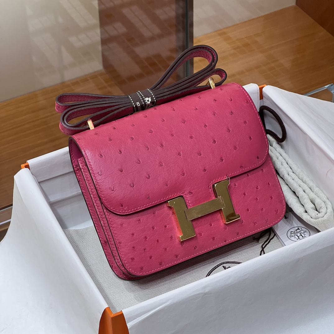 HERMES 爱马仕 【现货】Constance 19CM 5J Fushsia悬铃花紫/桃红色 Ostrich 鸵鸟皮 现货 进口蜜蜡线 全手工制作 铂金女王 Birkinmm