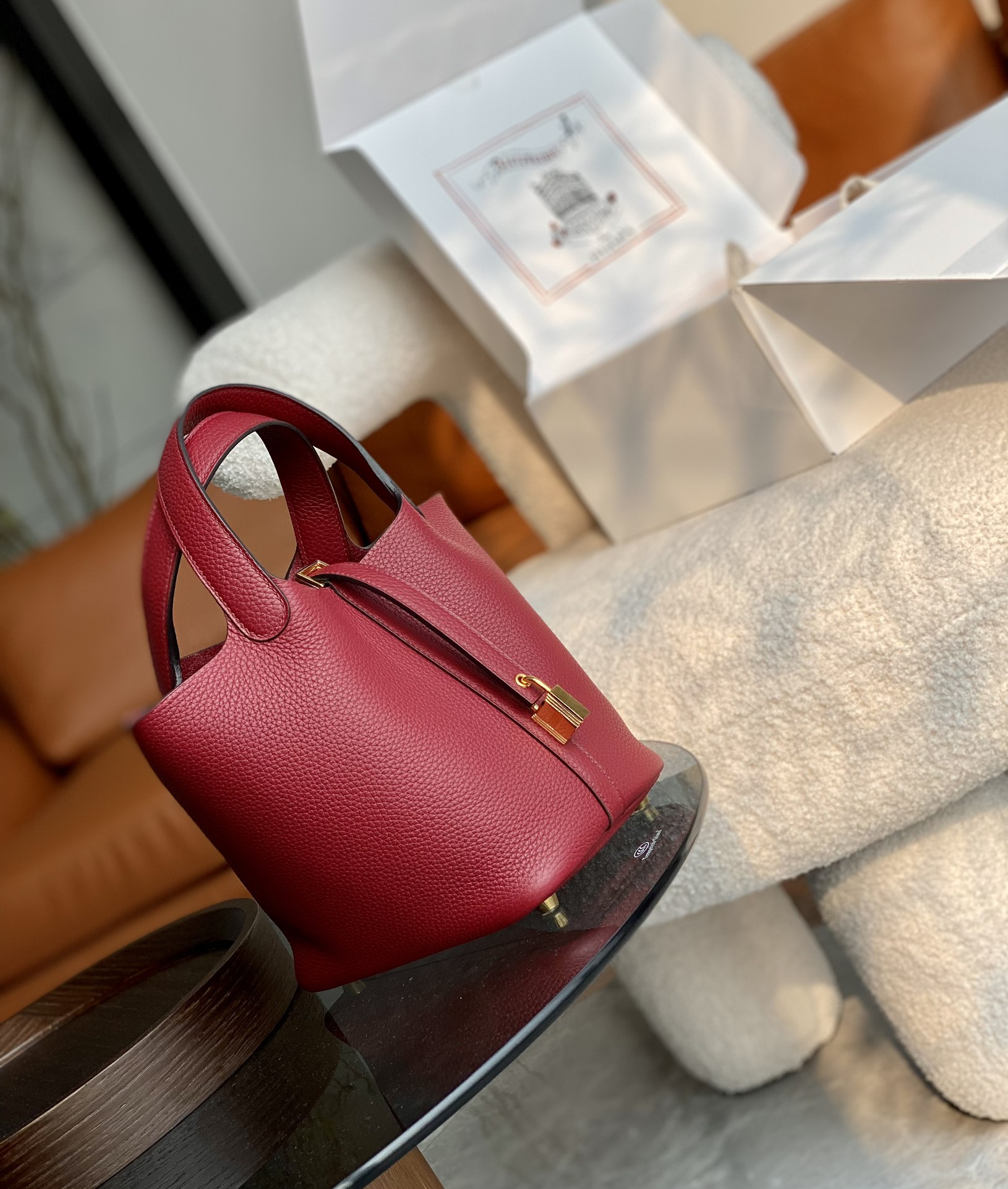 HERMES 爱马仕官网推荐 菜篮子 Picotin 纯手工 55 Rouge H爱马仕红 TC皮 进口蜜蜡线 全手工制作