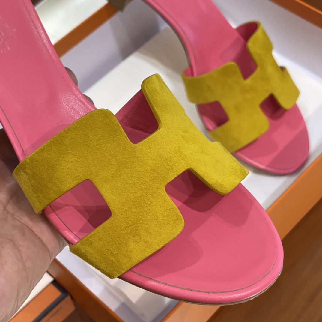HERMES 爱马仕 H拖鞋 34-41码 原厂同步 进口真皮大底 全手工制作 9D 琥珀黄拼斋普尔粉T5 Rose Jeipur
