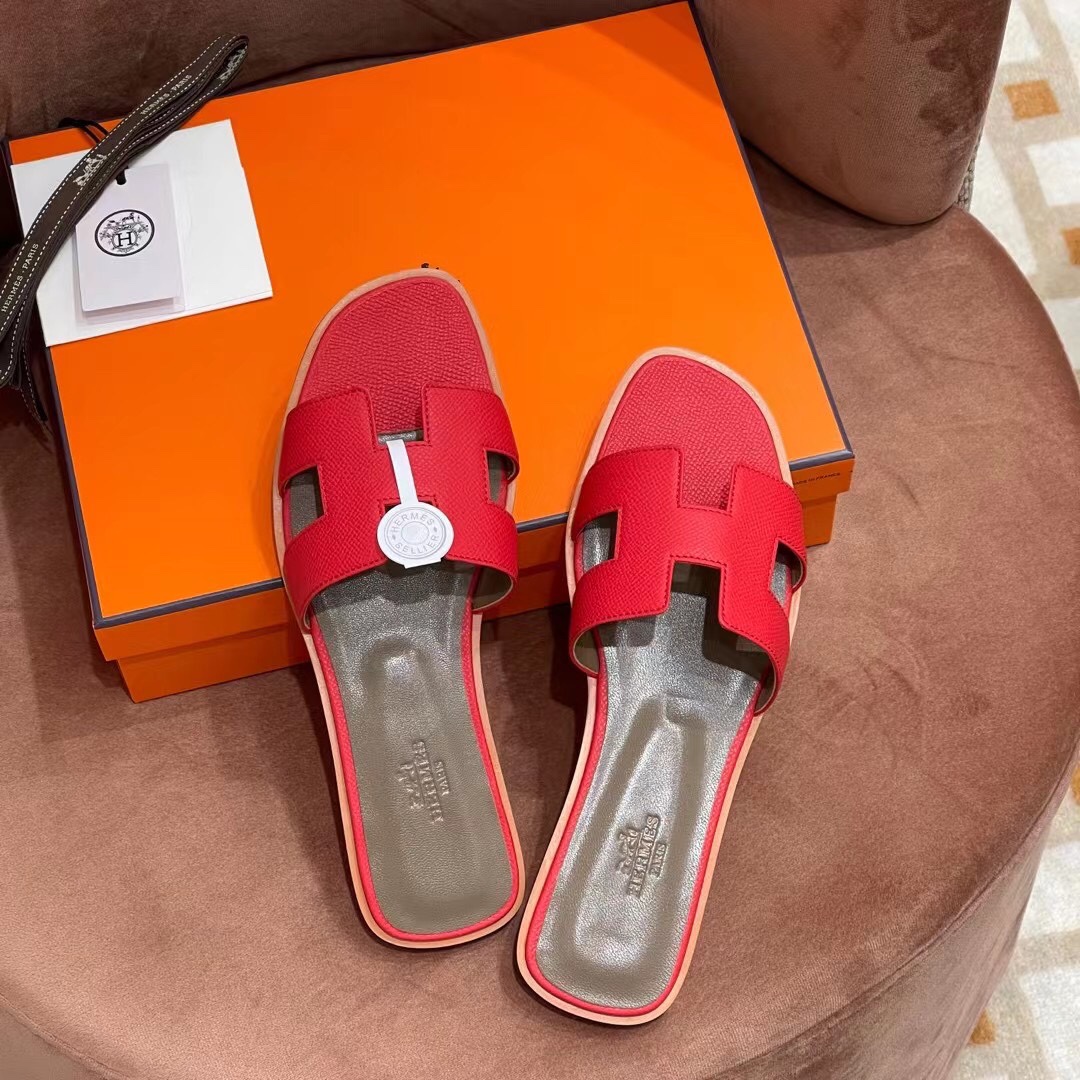HERMES 爱马仕 H拖鞋 34-41码 原厂同步 进口真皮大底 全手工制作 5Q Rouge Venitien 国旗红