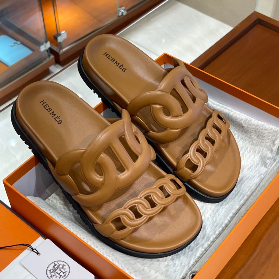 HERMES 爱马仕 猪鼻子拖鞋 34-41码 原厂同步 进口真皮大底 全手工制作 CK37金棕色