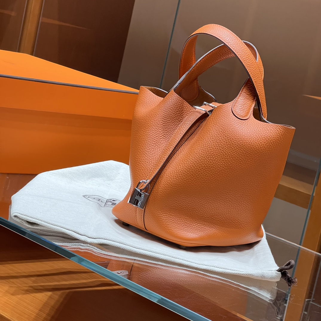 HERMES 爱马仕官网推荐 菜篮子 Picotin 纯手工 93 Orange 橙色 TC皮 进口蜜蜡线 全手工制作