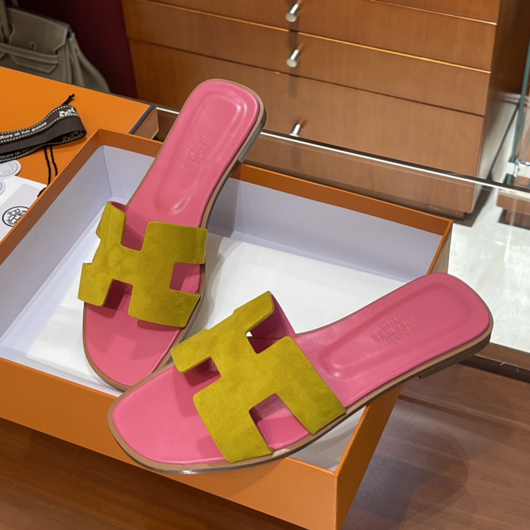 HERMES 爱马仕 H拖鞋 34-41码 原厂同步 进口真皮大底 全手工制作 9D 琥珀黄拼斋普尔粉T5 Rose Jeipur